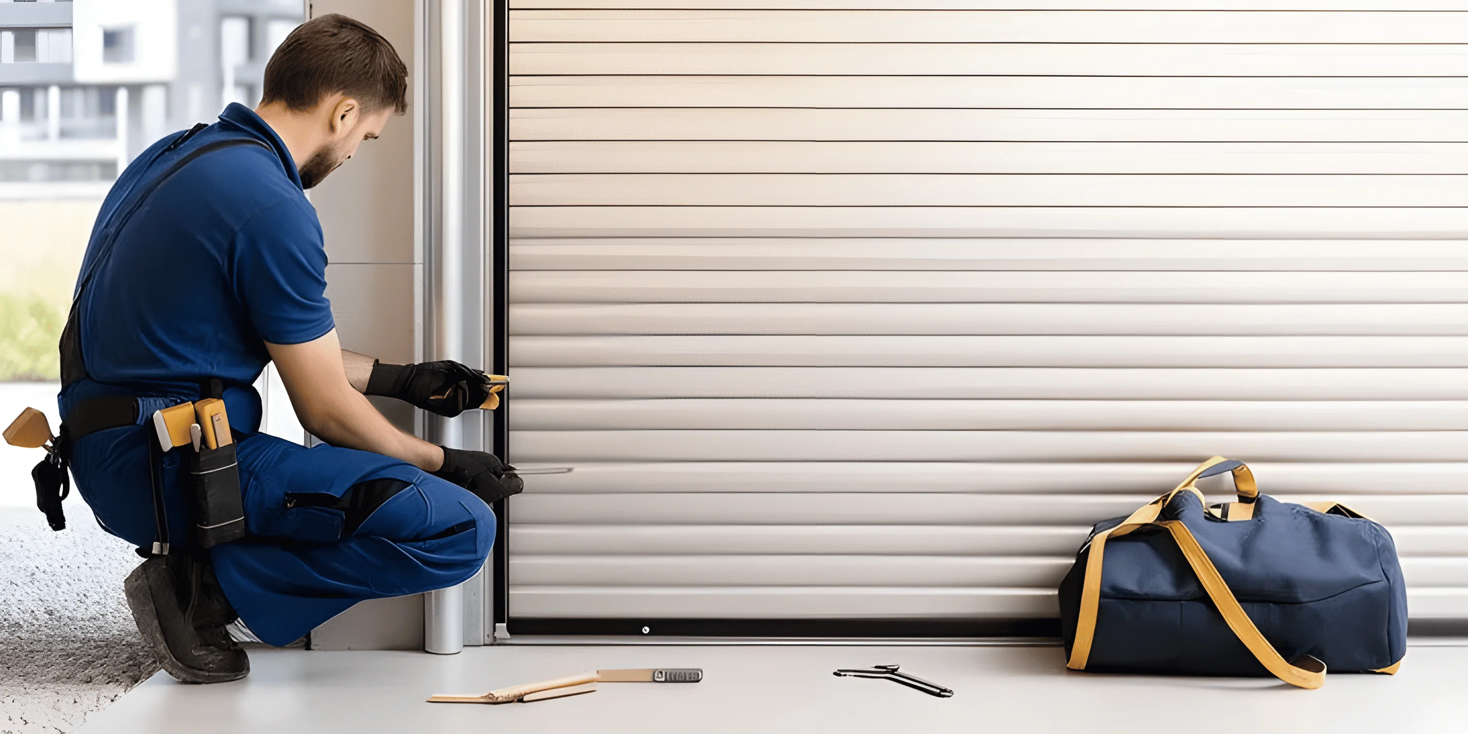 Worker repairing a garage door with tools