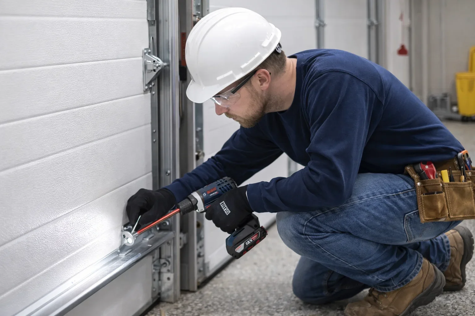 A worker repairing a garage door using a power drill.